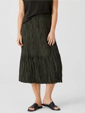 Eileen Fisher Crushed Silk Habutai Skirt Tiered Elastic Waist Drark Green Size L
